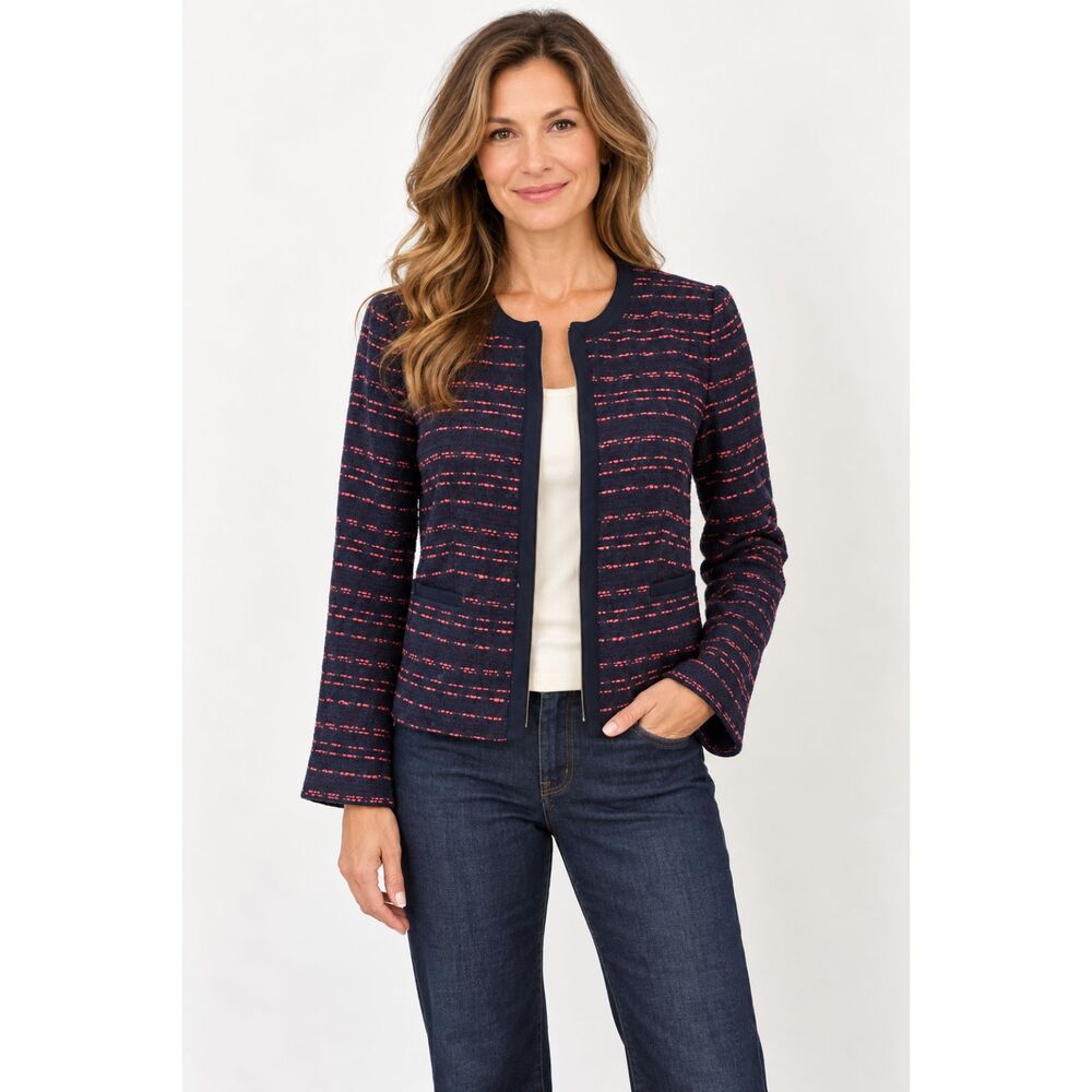 Tommy Hilfiger Navy Red Boucle Jacket Full Zip Size 4 Tweed Textured Boxy